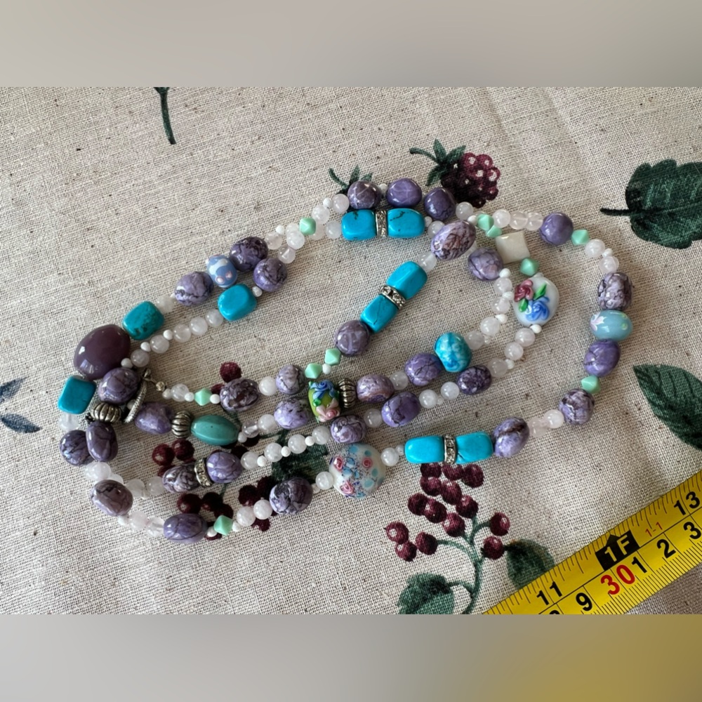 Handmade extra long floral glass bead & gemstone crystal cottagecore necklace - Picture 3 of 6